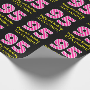 Fun. roze stripes "95"; Fijne 95ste verjaardag; Na Cadeaupapier