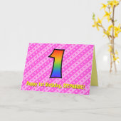 Fun roze stripes, harten, regenboog # 1e verjaarda kaart (Gele Bloem)