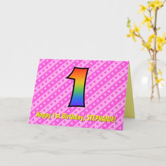 Fun roze stripes, harten, regenboog # 1e verjaarda kaart (Gele Bloem)