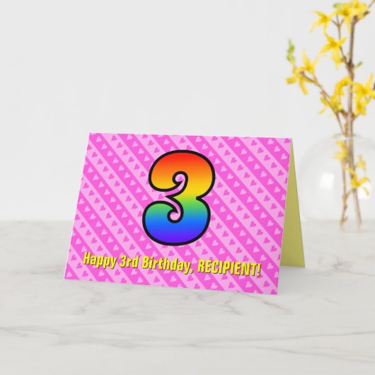 Fun. roze stripes, harten, regenboog # 3e verjaard kaart (Gele Bloem)