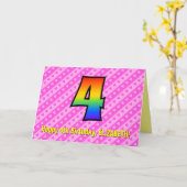 Fun roze stripes, harten, regenboog # 4e verjaarda kaart (Gele Bloem)
