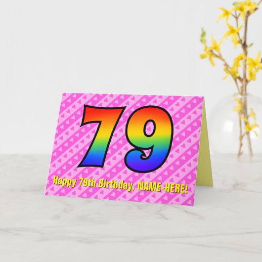 Fun roze stripes, harten, regenboog # 79e verjaard kaart (Gele Bloem)
