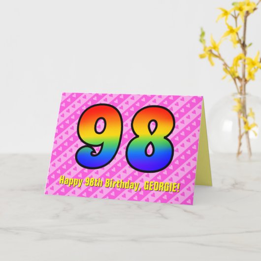 Fun roze stripes, harten, regenboog # 98e verjaard kaart (Gele Bloem)