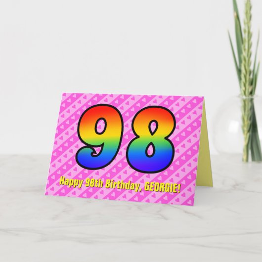 Fun roze stripes, harten, regenboog # 98e verjaard kaart (Voorkant)