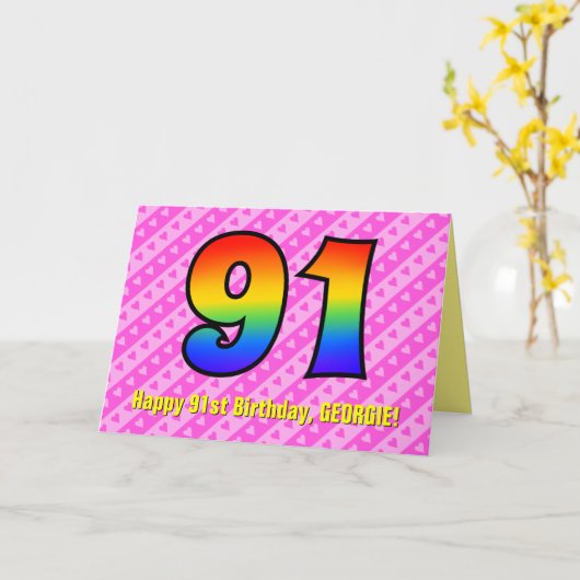 Fun roze stripes, harten, regenboognr. 91e verjaar kaart (Gele Bloem)