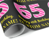 Fun. roze strips "65"; Happy 65th Birthday; Naam Cadeaupapier (Rol Hoek)