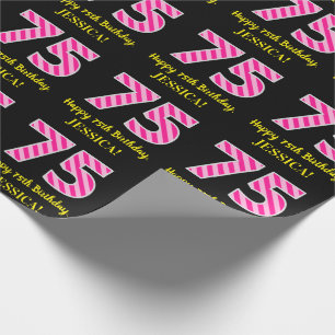 Fun. roze strips "75"; Happy 75th Birthday; Naam Cadeaupapier