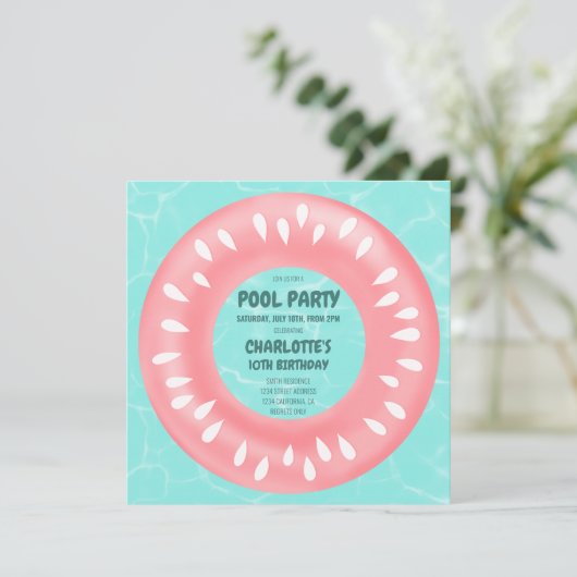 Fun roze watermeloen floater poolfeest kaart (Staand voorkant)