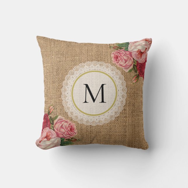 Fun Rustic Burlap  Floral Lace Monogram Kussen (Voorkant)