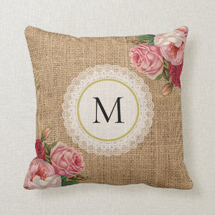 Fun Rustic Burlap  Floral Lace Monogram Kussen