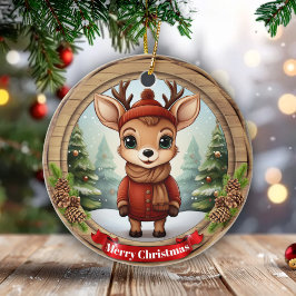Fun Rustic Pine Wood Fawn Gift Tag Unique Doe 🦌🎄 Keramisch Ornament