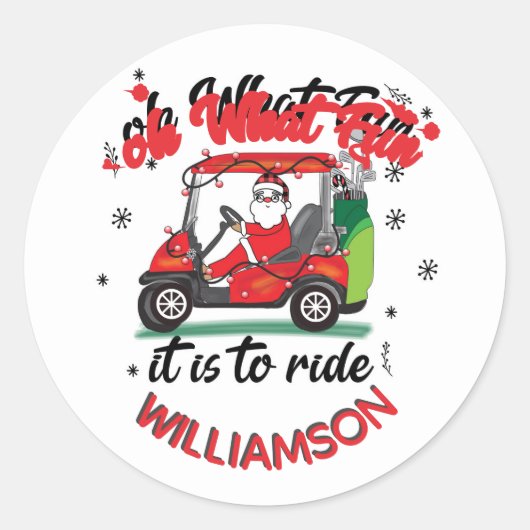 Fun Santa Golf Cart Familienaam Ronde Sticker (Voorkant)