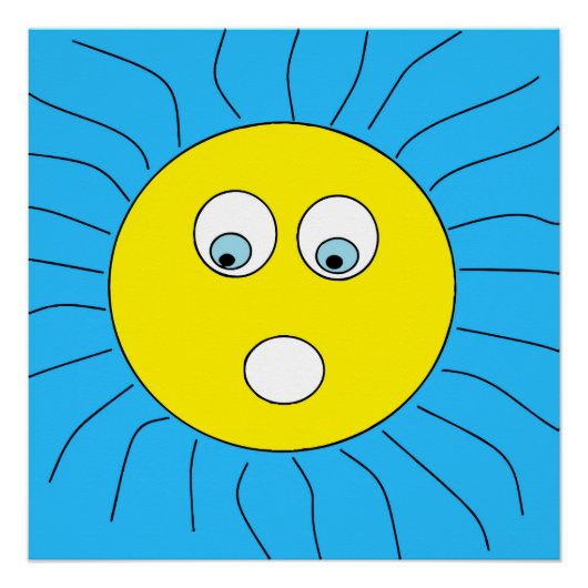 Fun Scared Expression Sun Face Tekening Blue Poster (Voorkant)