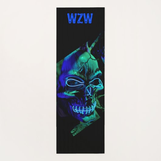 Fun Scary Neon Blue Blauwgroen Skull Monogram Yogamat (Achterkant)