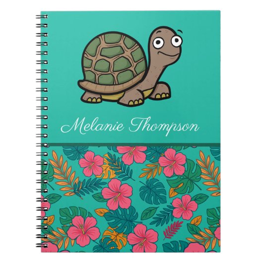 Fun schildpad bloempatroon Aangepaste naam  Notitieboek (Voorkant)
