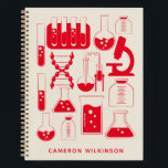 Fun Science Chemical Laboratory Custom Red Notitieboek<br><div class="desc">Dit leuke aangepast notitieboek kenmerkt een schattig,  op chemie gebaseerd design in rood en wit. Pas het aan met jouw naam. Geweldig cadeauidee!</div>