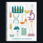 Fun Science Chemistry Laboratory Artwork Name Notitieboek<br><div class="desc">Dit leuke aangepast notitieboek kenmerkt een schattig,  chemisch georiënteerd design in het blauwgroen. Pas het aan met jouw naam. Geweldig cadeauidee!</div>