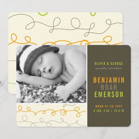 Fun Scribbles Baby Boy Foto Geboorte Aankondiging (Voorkant / Achterkant)