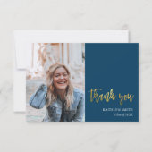 Fun Script Modern Blue Simple Photo Afstuderen Bedankkaart (Voorkant)