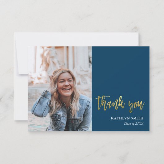 Fun Script Modern Blue Simple Photo Afstuderen Bedankkaart (Voorkant)