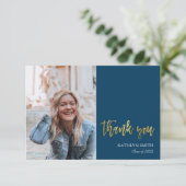 Fun Script Modern Blue Simple Photo Afstuderen Bedankkaart (Staand voorkant)