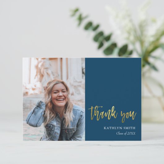 Fun Script Modern Blue Simple Photo Afstuderen Bedankkaart (Staand voorkant)
