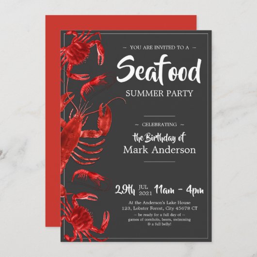 Fun Seafood Summer Dark Gray Birthday Party Kaart (Voorkant / Achterkant)