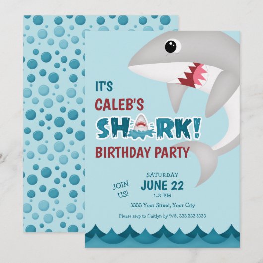 Fun Shark Attack Birthday Party Invitation Kaart (Voorkant / Achterkant)