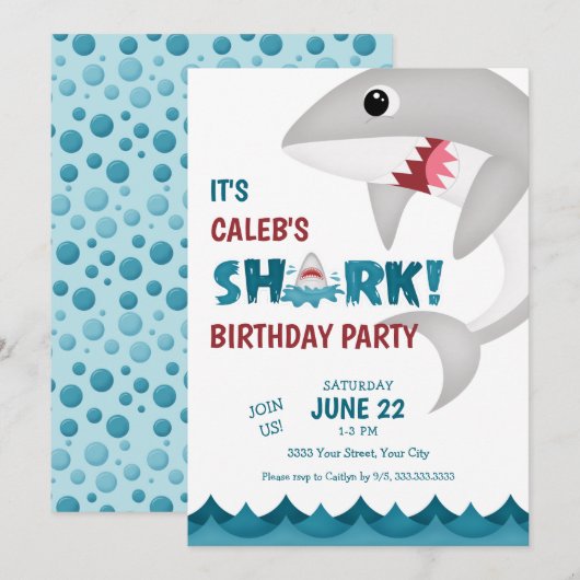 Fun Shark Birthday Party Invitation Kaart (Voorkant / Achterkant)