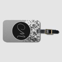 Fun SIlver Black Confetti Monogram Bagagelabel