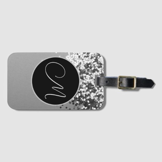 Fun SIlver Black Confetti Monogram Bagagelabel (Voorkant (horizontaal))