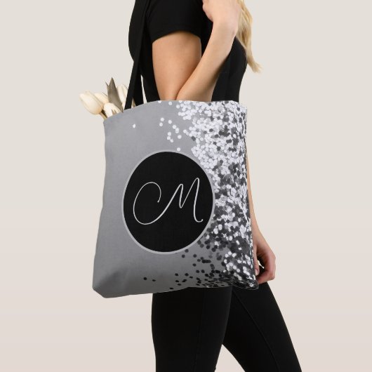 Fun SIlver Black Confetti Monogram Tote Bag (Dichtbij)