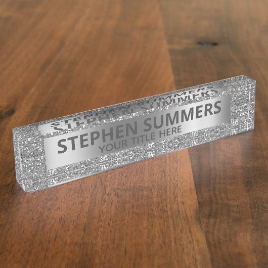 Fun Silver Faux Glitter Sparkle Glam Custom Naambordje (Zijkant)