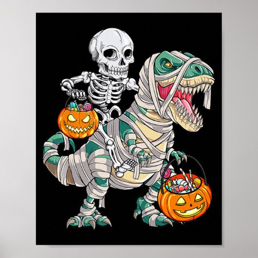 Fun Skeleton Riding Mummy Dinosaur T rex Halloween Poster (Voorkant)