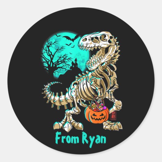 Fun Skeleton TRex Halloween Boys Dino Kinder Fossi Ronde Sticker (Voorkant)