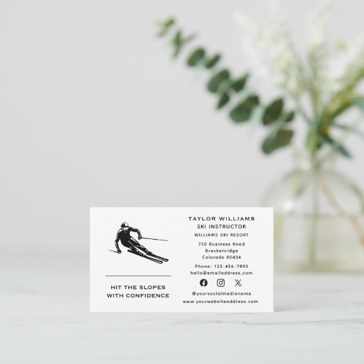 Fun Skier Skicoach Ski Instructeur Social Media Visitekaartje (Staand voorkant)