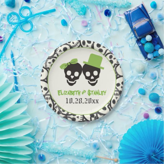 Fun skulls Halloween green and black bruiloft Papieren Bordje (Feest)