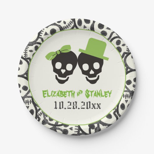Fun skulls Halloween green and black bruiloft Papieren Bordje (Voorkant)