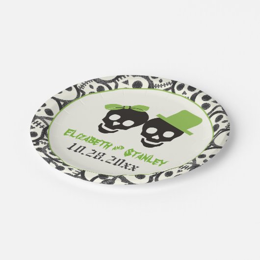 Fun skulls Halloween green and black bruiloft Papieren Bordje (Gekanteld)