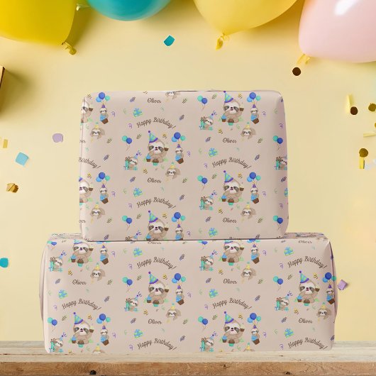 Fun Sloth Birthday Party Blue Theme Kids Cadeaupapier