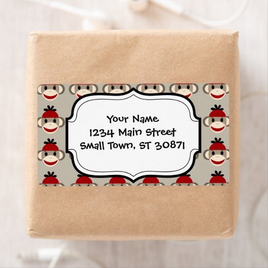 Fun Smilling Red Sock Monkey Happy Patronen Etiket (Insitu)