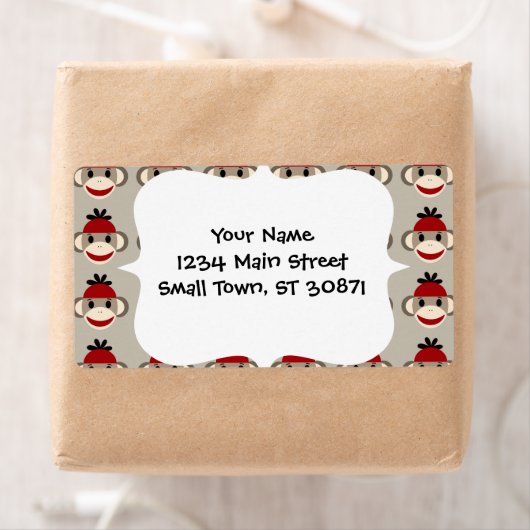 Fun Smilling Red Sock Monkey Happy Patronen Etiket (Insitu)