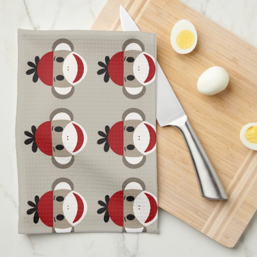 Fun Smilling Red Sock Monkey Happy Patronen Theedoek (Quarter Fold)