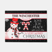 FUN Sneeuwman in rood Pet en sjaal | ZWARTE kerst Deurmat (Voorkant)