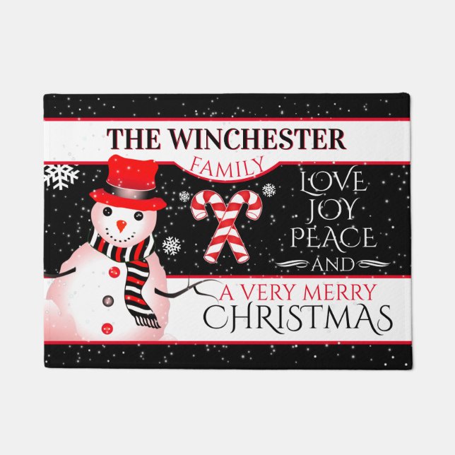 FUN Sneeuwman in rood Pet en sjaal | ZWARTE kerst Deurmat (Voorkant)