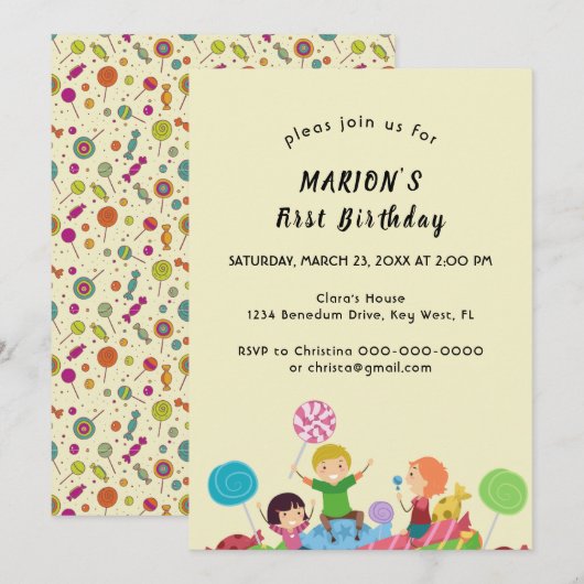 Fun Snoep First Birthday Invitation Kaart (Voorkant / Achterkant)