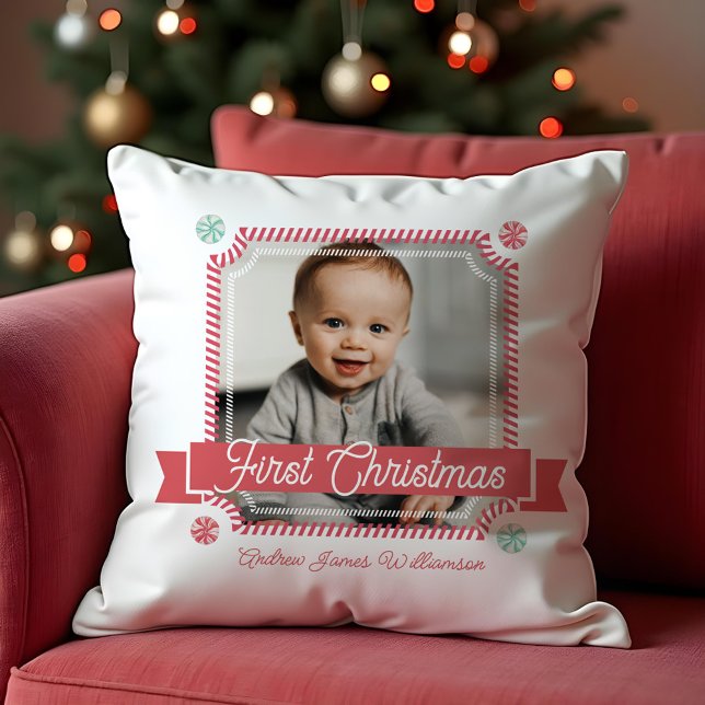 Fun Snoep First Kerstkandsnoer Lijst Foto Kussen (Fun Candy First Christmas Candy Cane Photo Frame Throw Pillow)