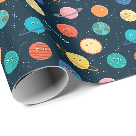 Fun Solar System Planets Pattern for Kids Blue Cadeaupapier (Rol Hoek)