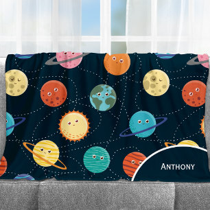 Fun Solar System Planets Pattern for Kids Blue Fleece Deken