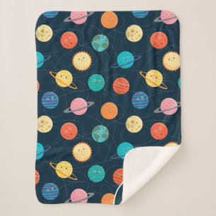 Fun Solar System Planets Pattern for Kids Blue she Sherpa Deken